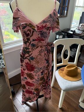 L love off the shoulder Pink Floral Faux Wrap Midi Dress with Ruffle Size Small